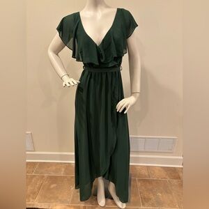 Baltic Born Katya Ruffle Maxi Dress evergreen chiffon asymmetrical dress, m